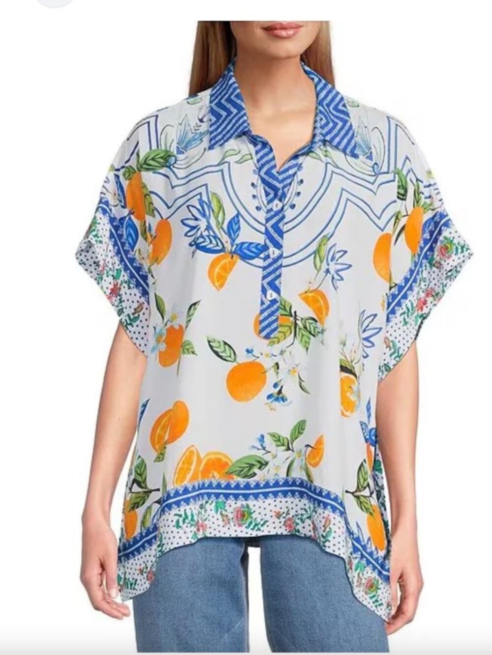 John Mark Citrus Print Poncho Top 🍊 NWT | L/XL Oversized, Flowy Resort Cruise